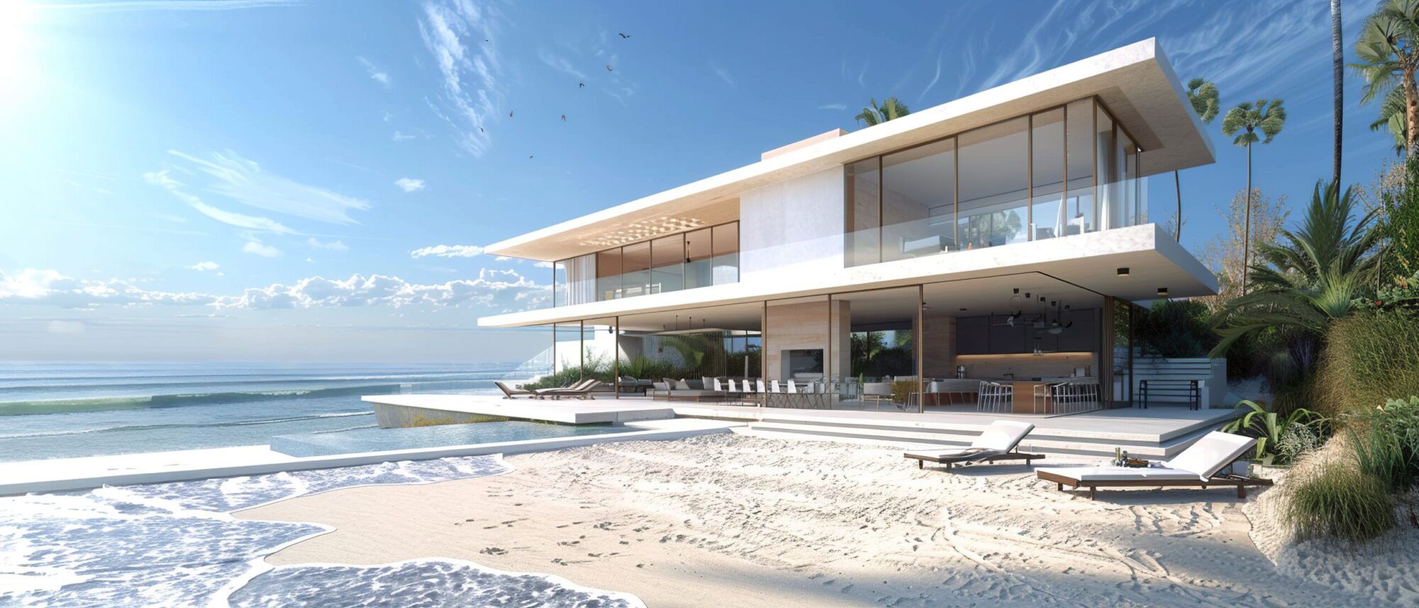 A large white house with a pool and a beach in the background. The house is surrounded by palm trees and the ocean