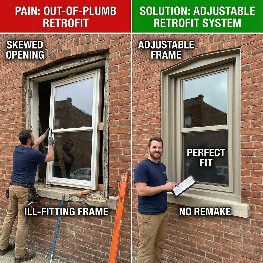 The challenges of installing ordinary windows in crooked, old brick wall openings are addressed with a solution that achieves a perfect fit using an adjustable retrofit system.